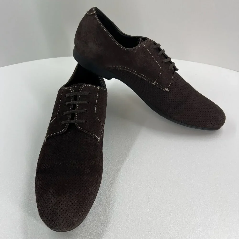 Bugatchi Suede Perforated Derby Dress Shoes Mens 10 Lace Up Casual Leather Brown